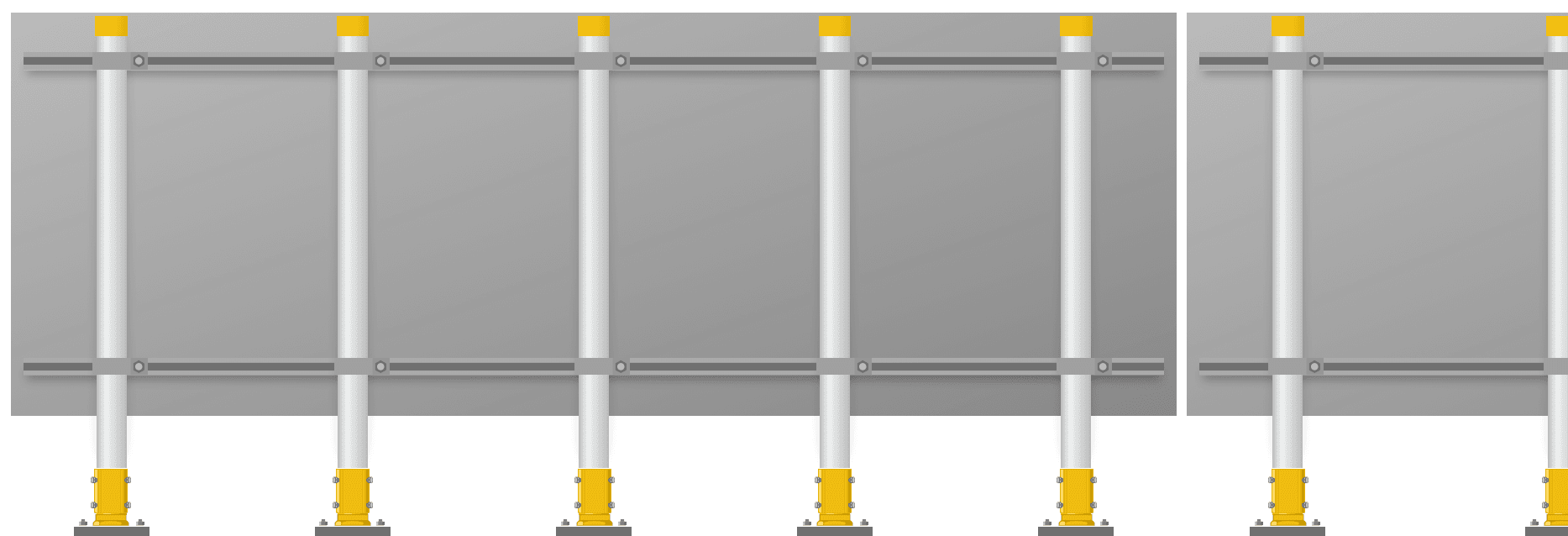 Rear view of an airfield guidance sign, showing the support rails and the yellow frangible couplings at the base of each post.