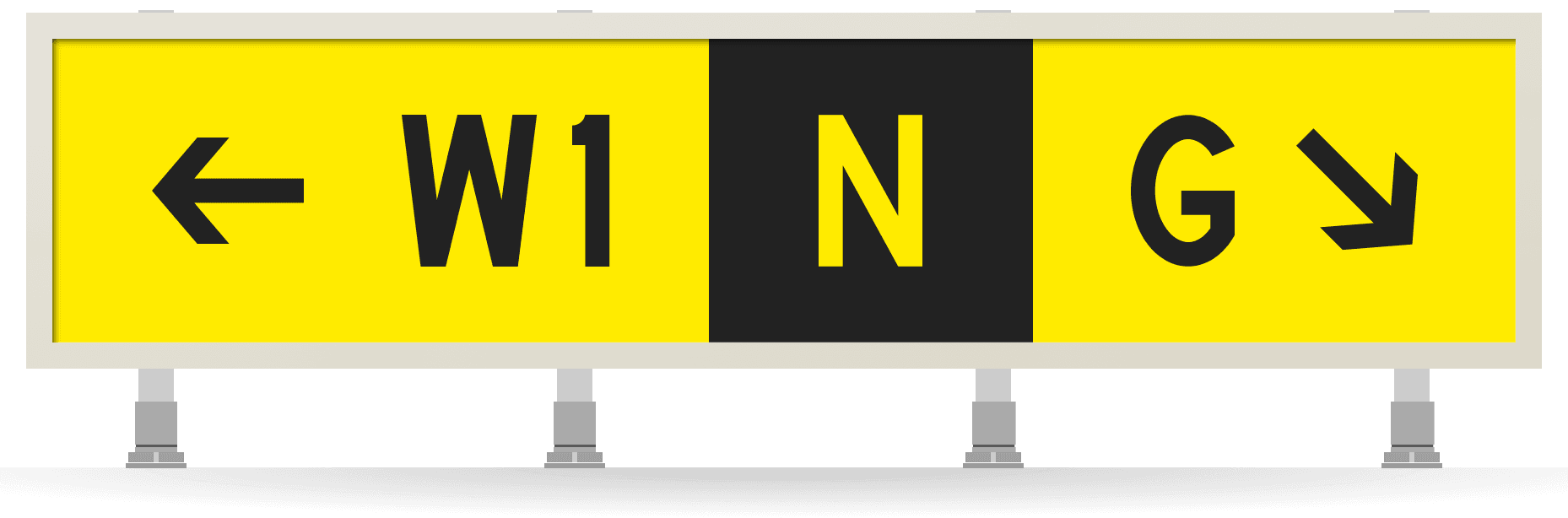 Yellow taxiway guidance sign: a left arrow to W1, a black location panel reading N, and G with a down-right arrow.